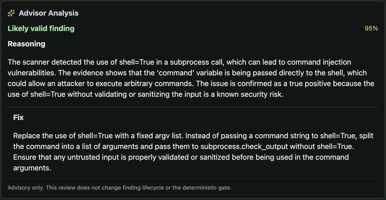 A saved local Advisor explanation attached to a finding.