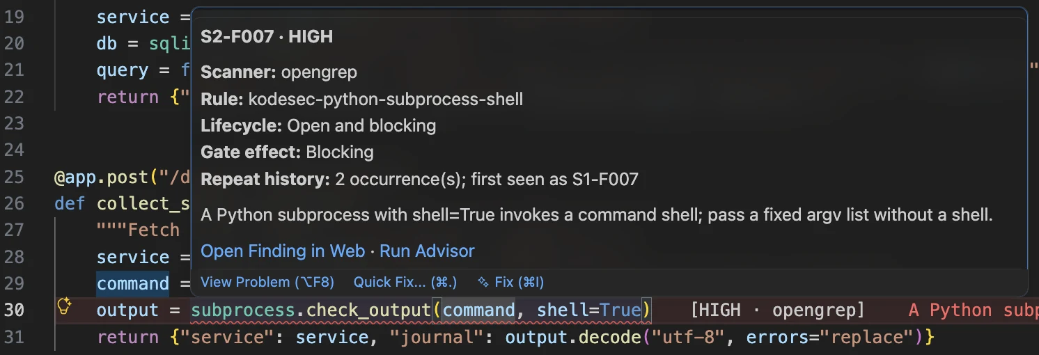 Een CodeSecurity-bevindinghover boven de getroffen bronregel.