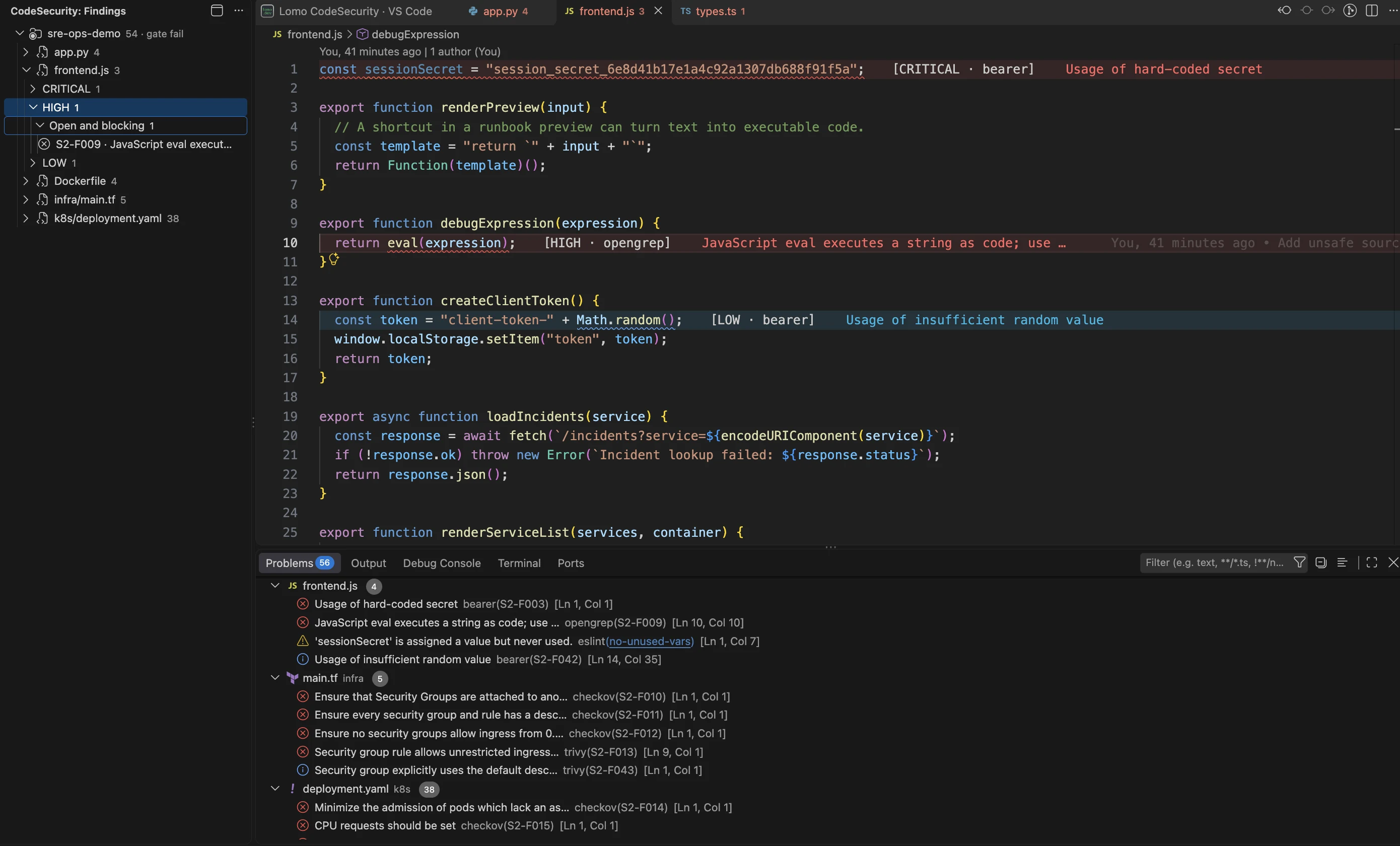 VS Code Findings-boom naast de broneditor.