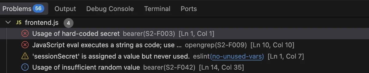 VS Code Problems-paneel met CodeSecurity-diagnostics.