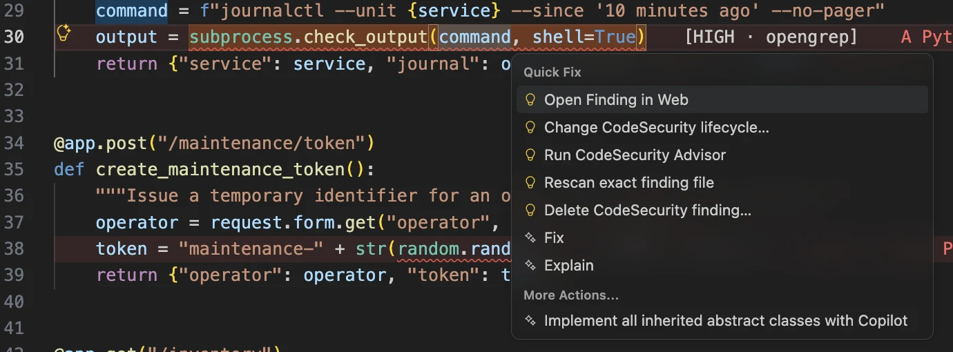 CodeSecurity Quick Fix-menu voor een bevinding.