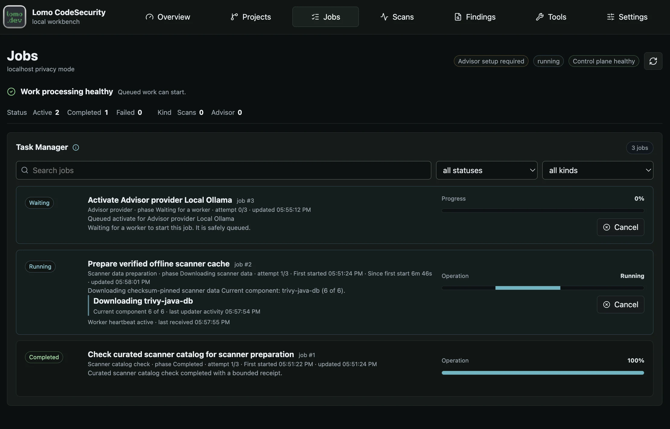 Task Manager listing waiting, running and completed jobs with stages and progress.